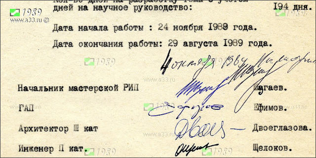 Подписи под заданием на проект реставрации: Шугаев, Ефимов, Двоеглазова, Щелоков