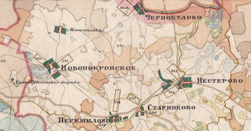 Карта Менде сёл Новопокровское, Перемилово, Старниково, Нестерово, деревни Матвеевка и хутора Хреновские дворики